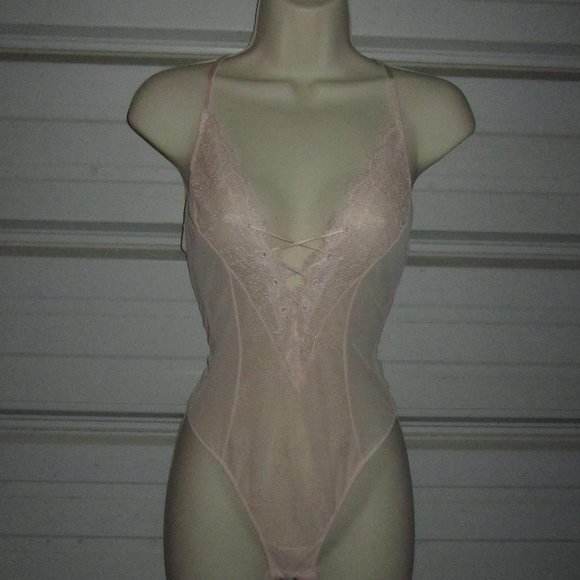 Size XS Pink Lace up Look Lingerie Sheer Lace Bodysuit,teddy Victoria's Secret - Picture 2 of 7